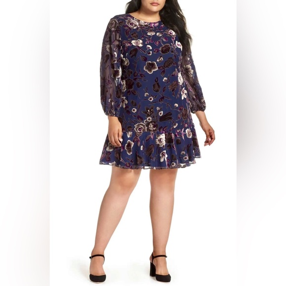 Eliza J. Velvet Floral Chiffon Ruffle Knee-Length Dress | 10 - Picture 1 of 6
